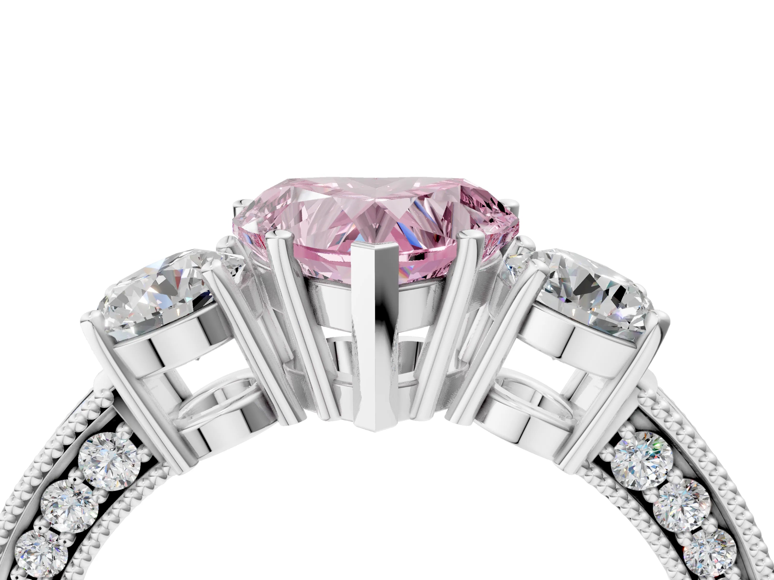 White gold Fancy Pink Heart Cut Three-Stone Diamond Ring with Pavé Band and Four-Prong Setting_16