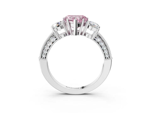 White gold Fancy Pink Heart Cut Three-Stone Diamond Ring with Pavé Band and Four-Prong Setting_3