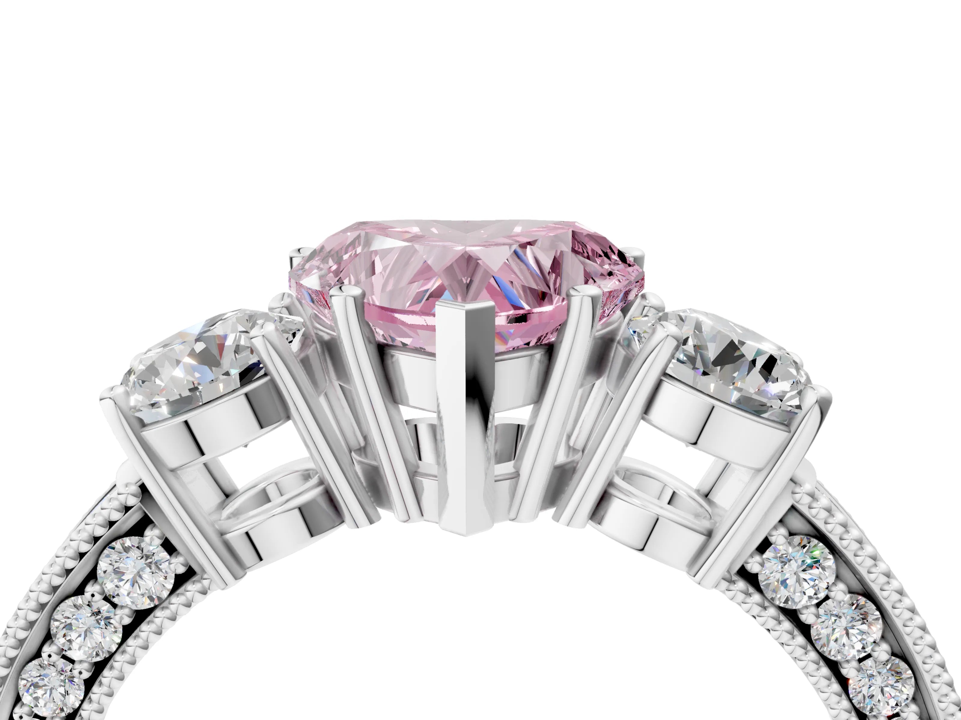 White gold Fancy Pink Heart Cut Three-Stone Diamond Ring with Pavé Band and Four-Prong Setting_4