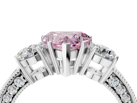 White gold Fancy Pink Heart Cut Three-Stone Diamond Ring with Pavé Band and Four-Prong Setting_4