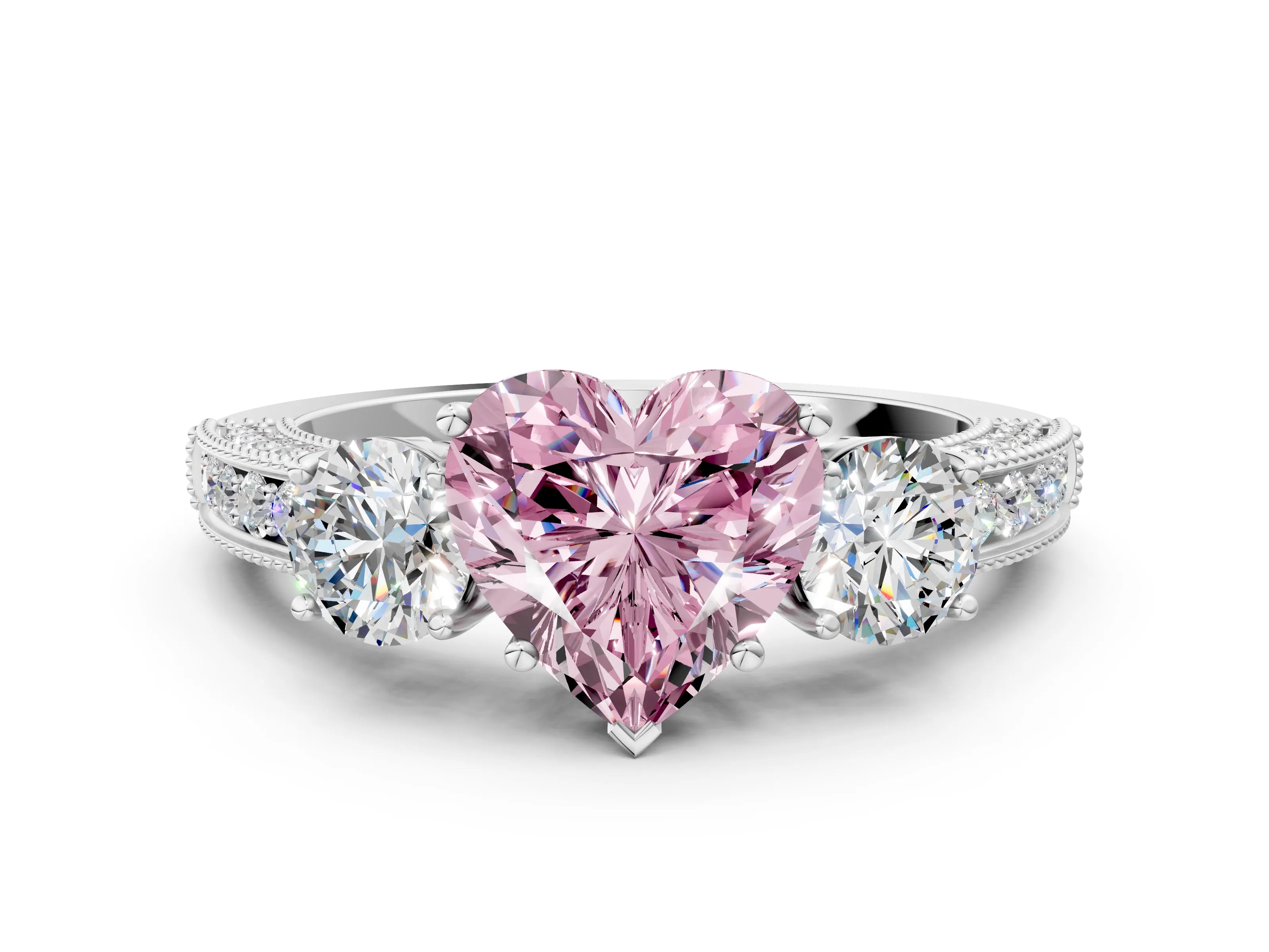 White gold Fancy Pink Heart Cut Three-Stone Diamond Ring with Pavé Band and Four-Prong Setting