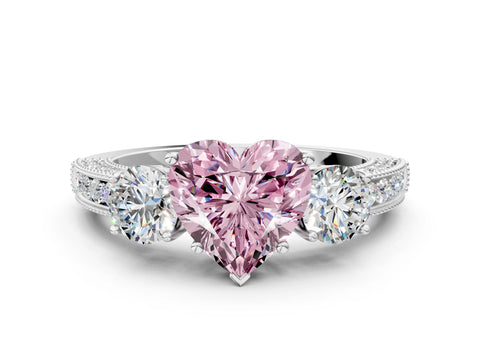 White gold Fancy Pink Heart Cut Three-Stone Diamond Ring with Pavé Band and Four-Prong Setting