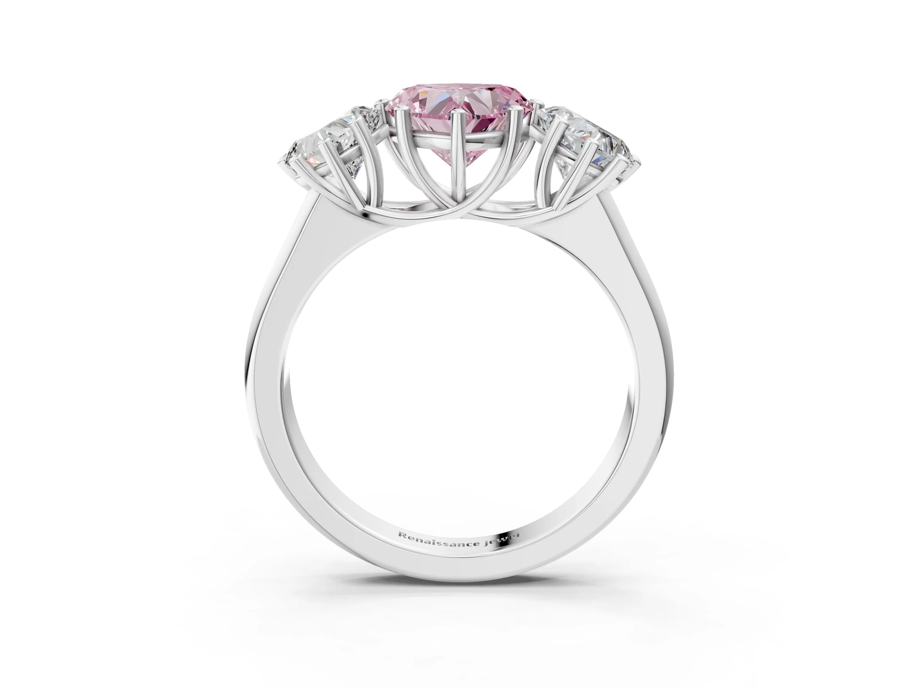 White gold Fancy Pink Heart Cut Three-Stone Diamond Ring with Prong Setting on a Classic Band_3