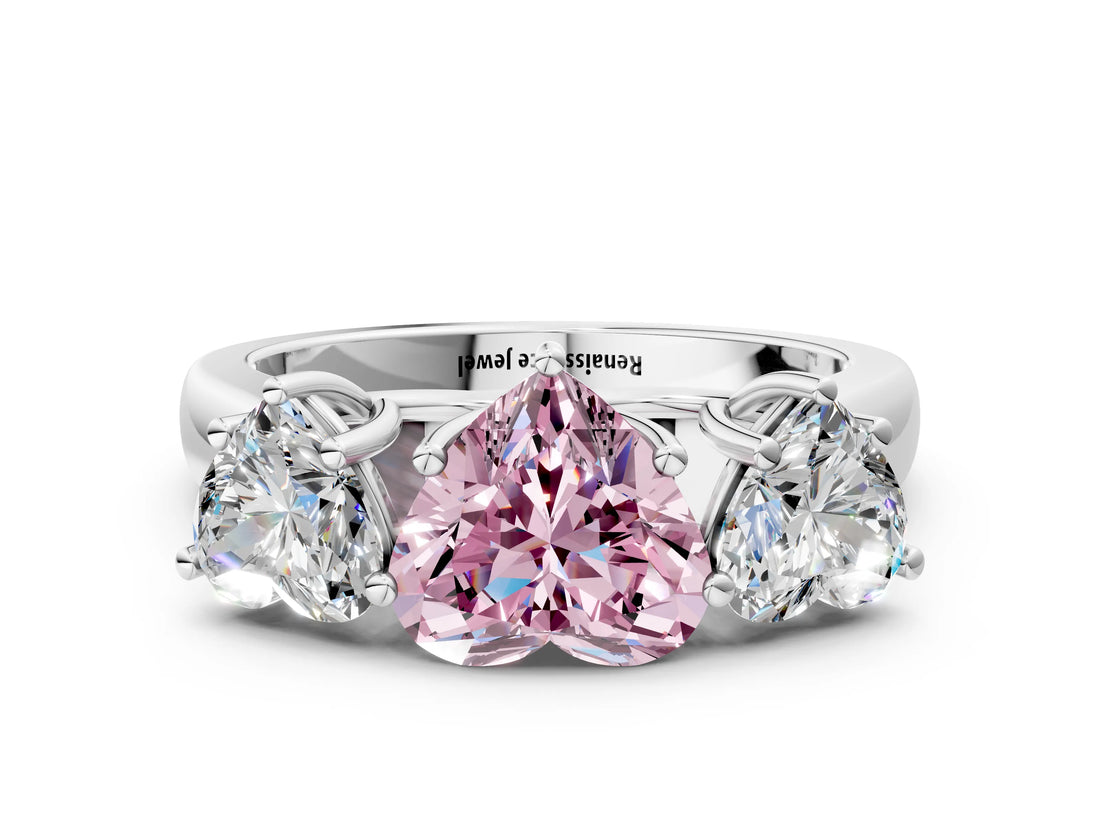 White gold Fancy Pink Heart Cut Three-Stone Diamond Ring with Prong Setting on a Classic Band_48