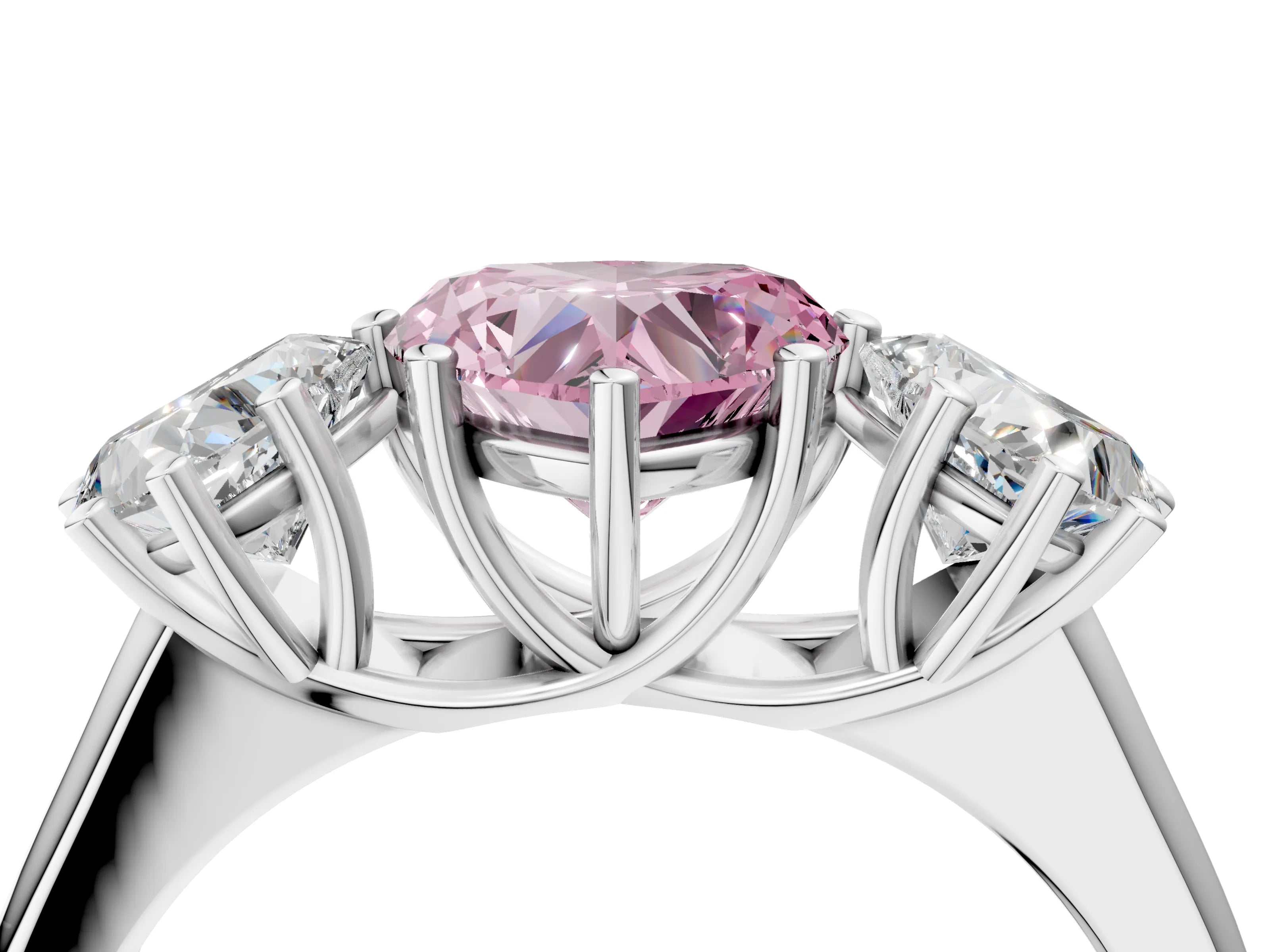 White gold Fancy Pink Heart Cut Three-Stone Diamond Ring with Prong Setting on a Classic Band_4