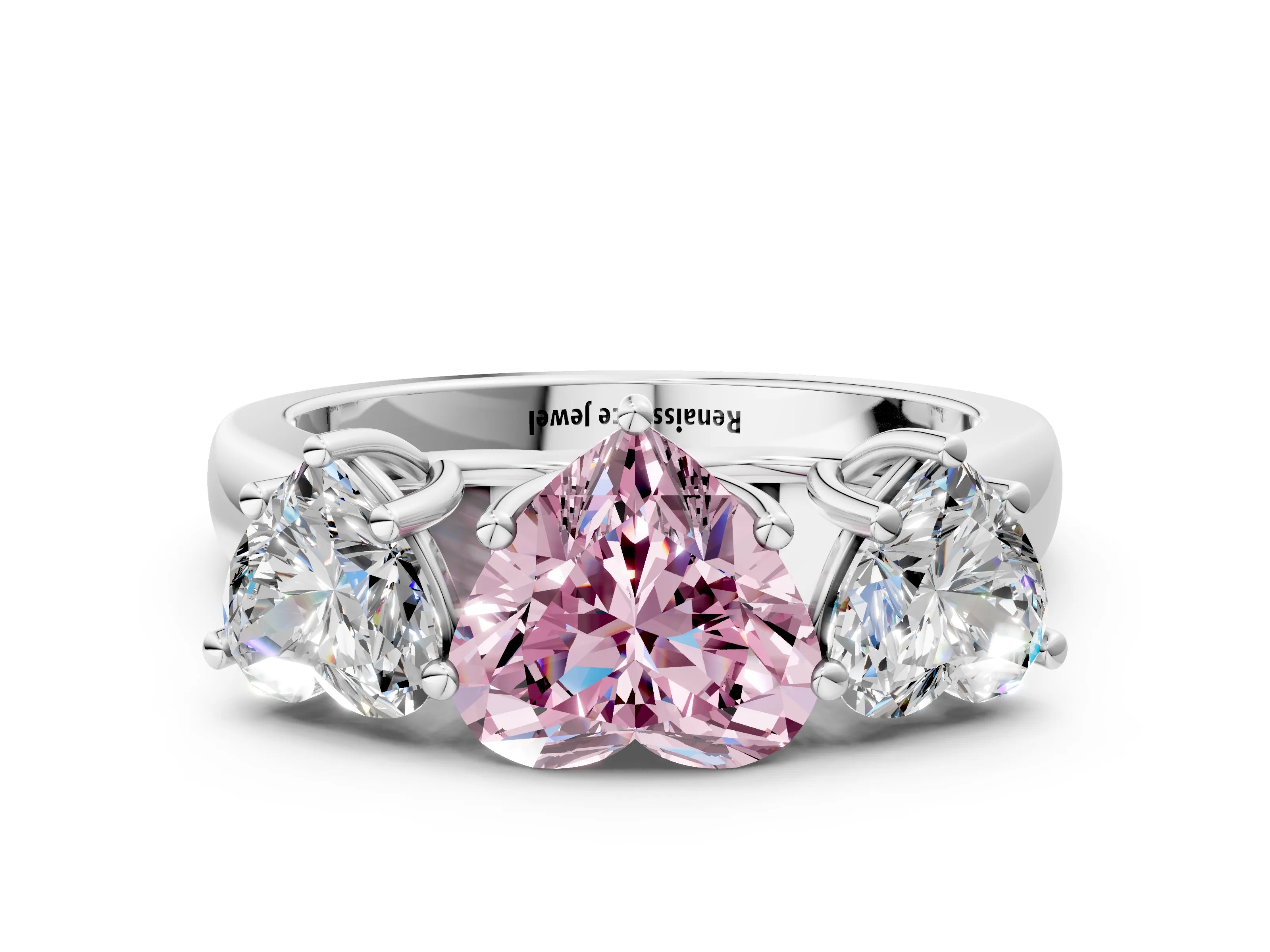 White gold Fancy Pink Heart Cut Three-Stone Diamond Ring with Prong Setting on a Classic Band