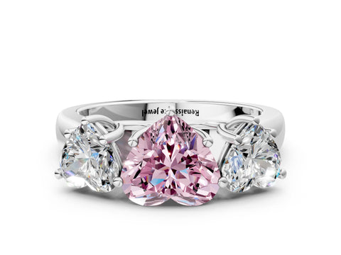 White gold Fancy Pink Heart Cut Three-Stone Diamond Ring with Prong Setting on a Classic Band