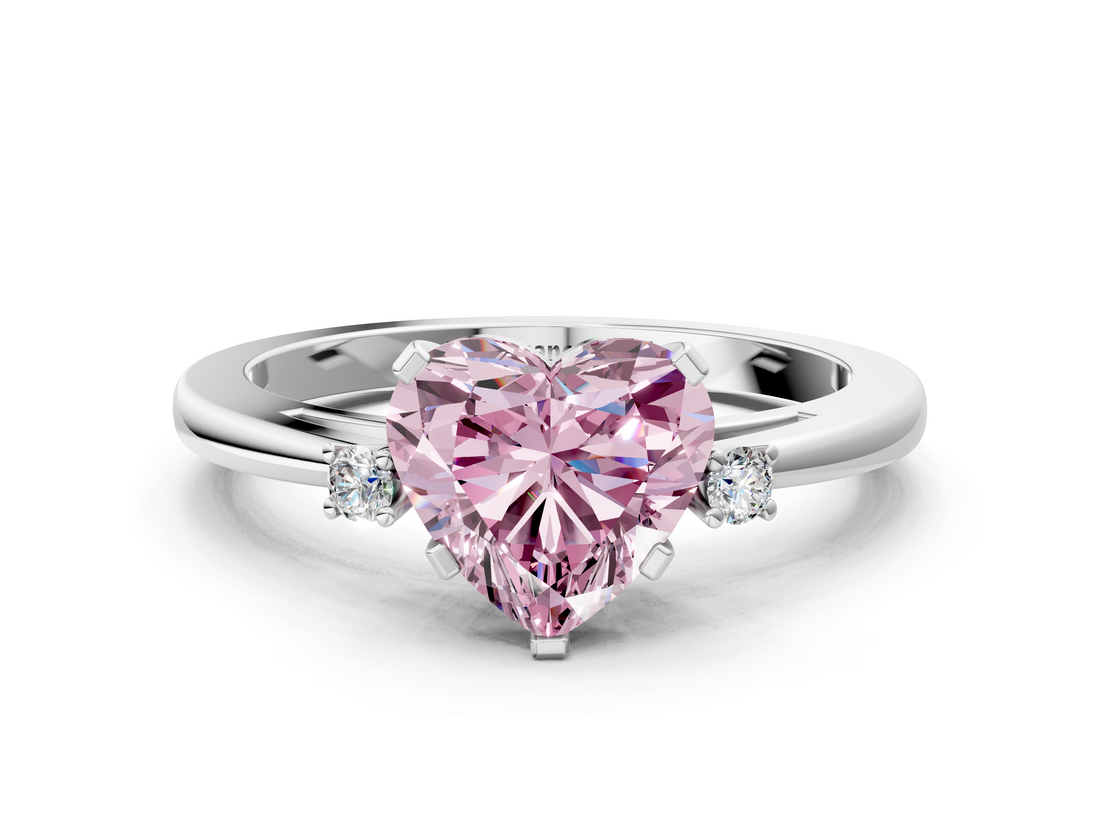 White gold Fancy Pink Heart  Cut Three-Stone Solitaire Ring with Round Accent Diamonds and Four-Prong Setting_20