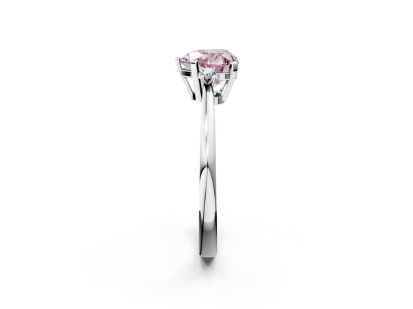 White gold Fancy Pink Heart  Cut Three-Stone Solitaire Ring with Round Accent Diamonds and Four-Prong Setting