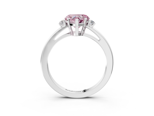 White gold Fancy Pink Heart  Cut Three-Stone Solitaire Ring with Round Accent Diamonds and Four-Prong Setting