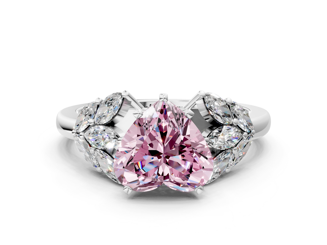 White gold Fancy Pink Heart  Diamond Cluster Leaf Design Ring with Prong Setting_53
