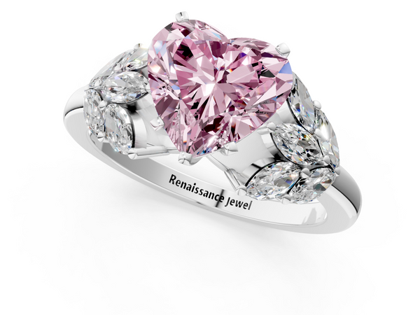 White gold Fancy Pink Heart  Diamond Cluster Leaf Design Ring with Prong Setting