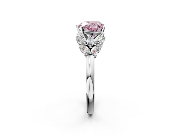 White gold Fancy Pink Heart  Diamond Cluster Leaf Design Ring with Prong Setting