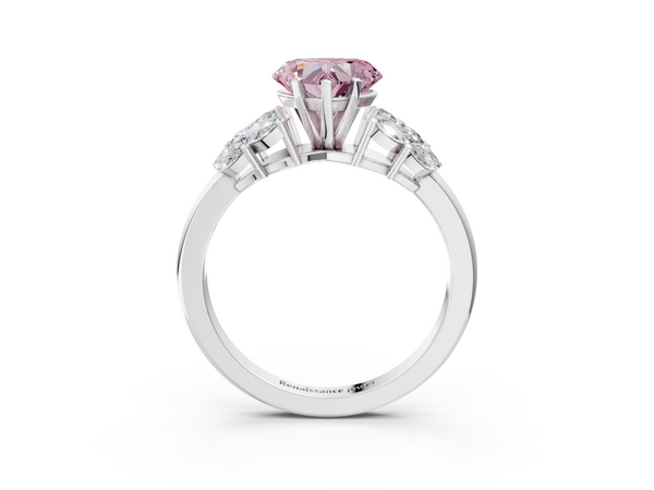 White gold Fancy Pink Heart  Diamond Cluster Leaf Design Ring with Prong Setting