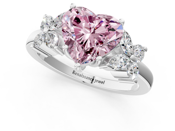 Platinum Fancy Pink Heart  Diamond Floral Cluster Ring with Solitaire Band and Prong Setting