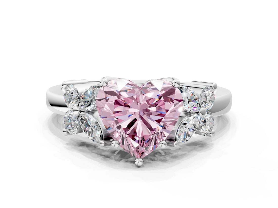 White gold Fancy Pink Heart  Diamond Floral Cluster Ring with Solitaire Band and Prong Setting_26