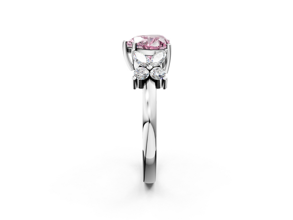 Platinum Fancy Pink Heart  Diamond Floral Cluster Ring with Solitaire Band and Prong Setting