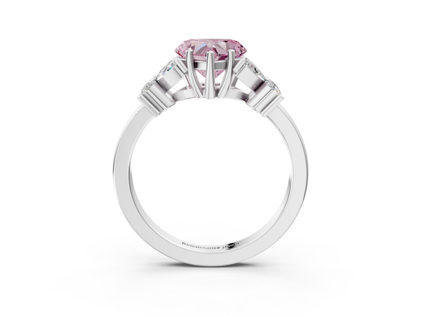 Platinum Fancy Pink Heart  Diamond Floral Cluster Ring with Solitaire Band and Prong Setting