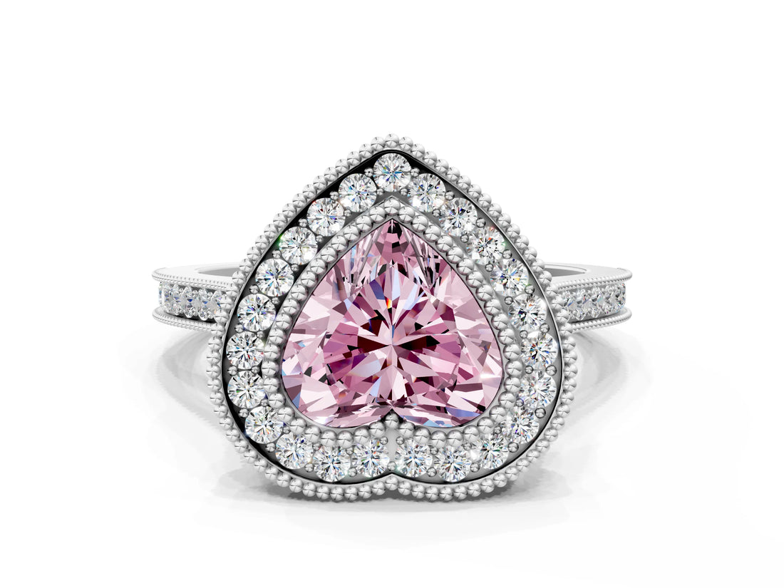 White gold Fancy Pink Heart  Diamond Halo Ring with Milgrain Frame and Pavé Band_72