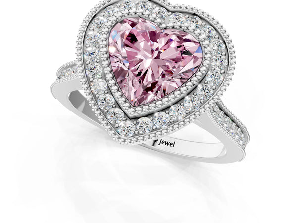 White gold Fancy Pink Heart  Diamond Halo Ring with Milgrain Frame and Pavé Band
