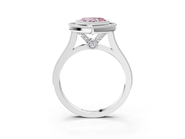White gold Fancy Pink Heart  Diamond Halo Ring with Milgrain Frame and Pavé Band