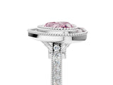 White gold Fancy Pink Heart  Diamond Halo Ring with Milgrain Frame and Pavé Band_77