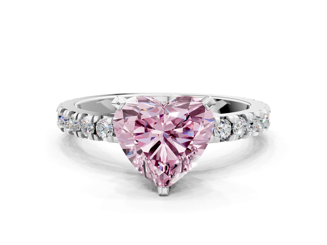White gold Fancy Pink Heart  Diamond Pavé Band Solitaire with Four-Prong Setting_196