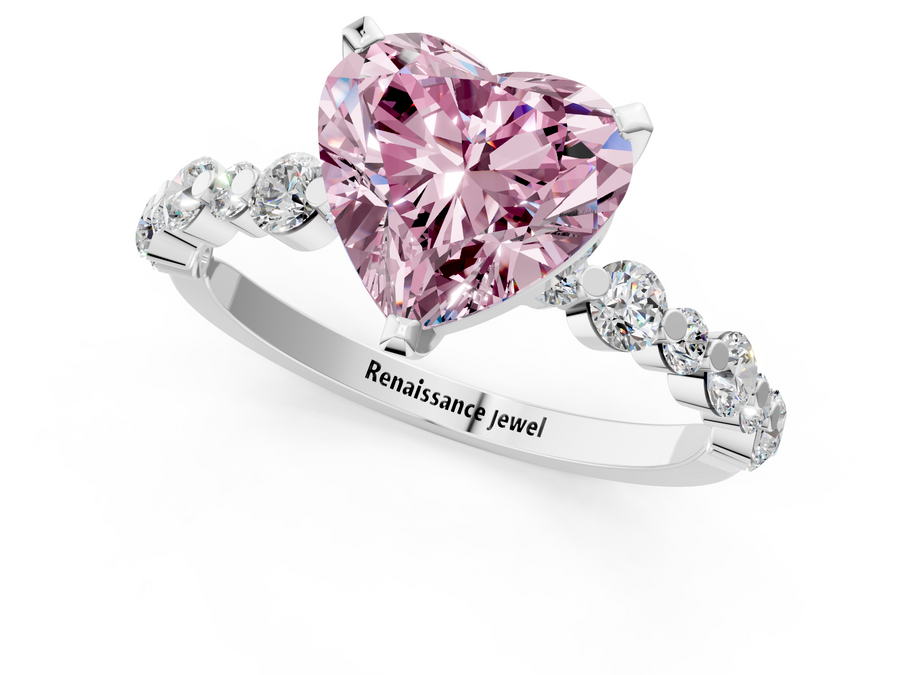 White gold Fancy Pink Heart Cut Diamond Prong Set Engagement Ring with Pavé Band