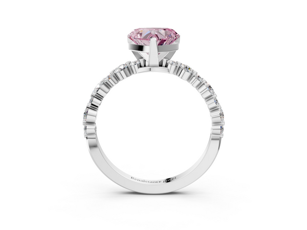 White gold Fancy Pink Heart Cut Diamond Prong Set Engagement Ring with Pavé Band