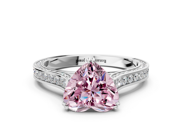 White gold Fancy Pink Heart  Diamond Solitaire with Pave Band and Six-Prong Setting