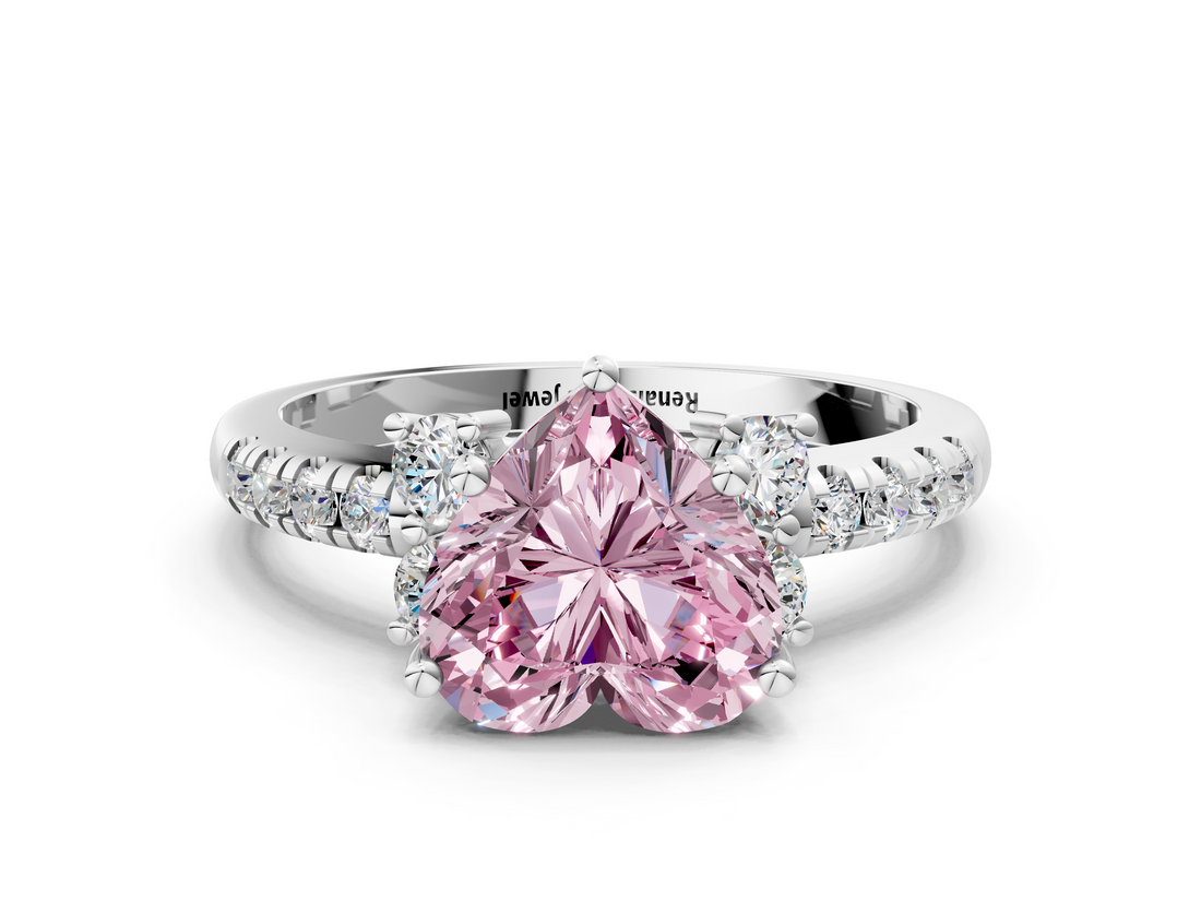 White gold Fancy Pink Heart  Diamond Three-Stone Pave Band with Four-Prong Setting_20