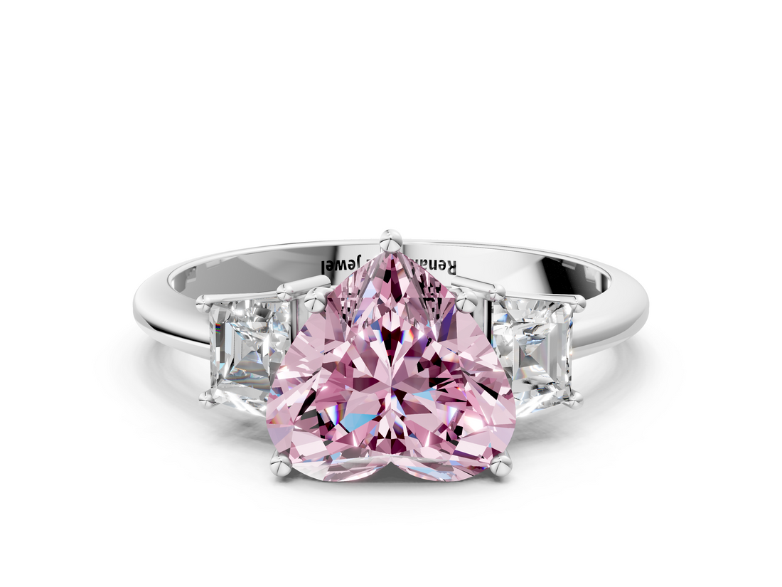White gold Fancy Pink Heart  Diamond Three-Stone Ring with Trapezoid Side Stones and Prong Setting_17