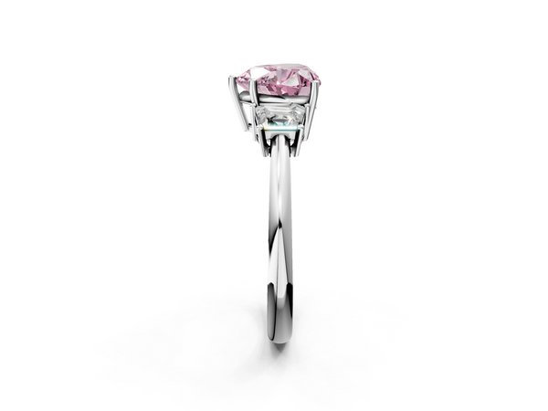 White gold Fancy Pink Heart  Diamond Three-Stone Ring with Trapezoid Side Stones and Prong Setting
