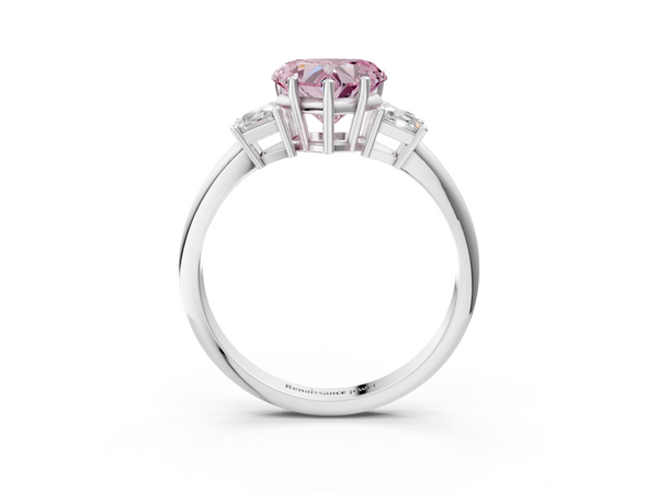 White gold Fancy Pink Heart  Diamond Three-Stone Ring with Trapezoid Side Stones and Prong Setting