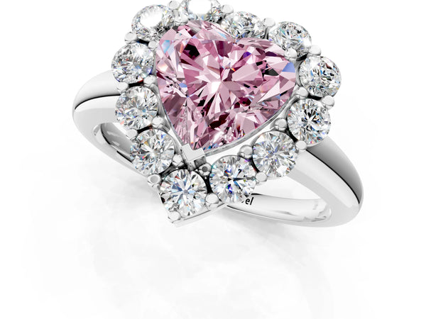 White gold Fancy Pink Heart  Halo Cluster Diamond Engagement Ring with Prong Setting and Polished Band