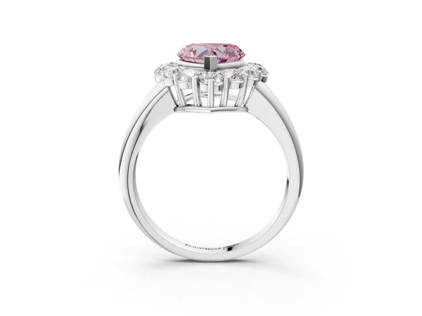 White gold Fancy Pink Heart  Halo Cluster Diamond Engagement Ring with Prong Setting and Polished Band