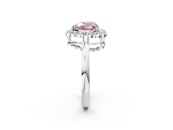 Platinum Fancy Pink Heart  Halo Cluster Diamond Engagement Ring with Solitaire Band and Prong Setting