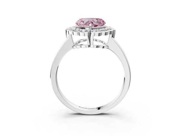 Platinum Fancy Pink Heart  Halo Cluster Diamond Engagement Ring with Solitaire Band and Prong Setting