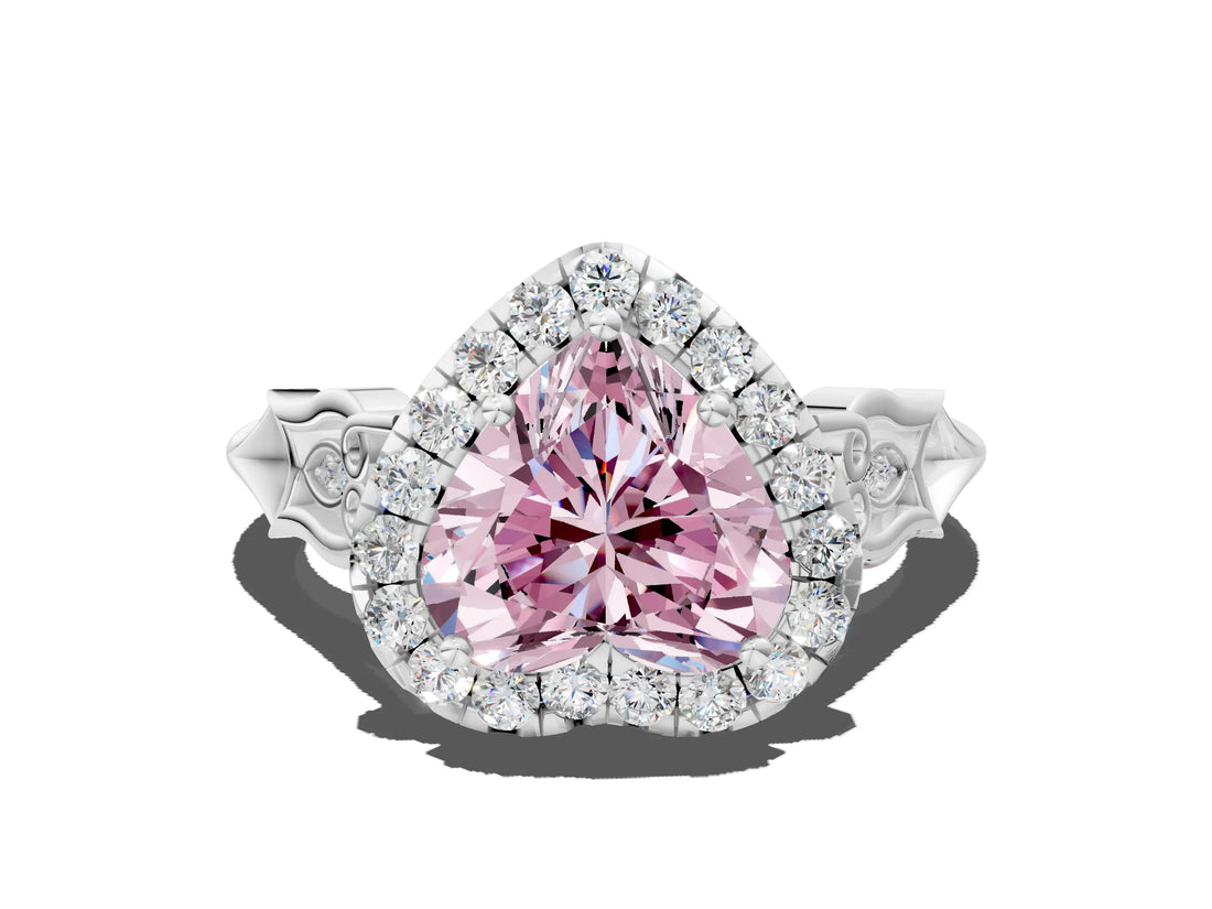 White gold Fancy Pink Heart  Halo Diamond Engagement Ring with Filigree Band and Four-Prong Setting_105