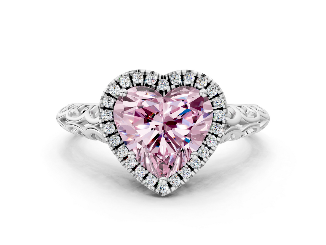 White gold Fancy Pink Heart  Halo Diamond Engagement Ring with Intricate Filigree Band and Four-Prong Setting_37