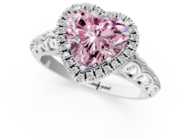 White gold Fancy Pink Heart  Halo Diamond Engagement Ring with Intricate Filigree Band and Four-Prong Setting