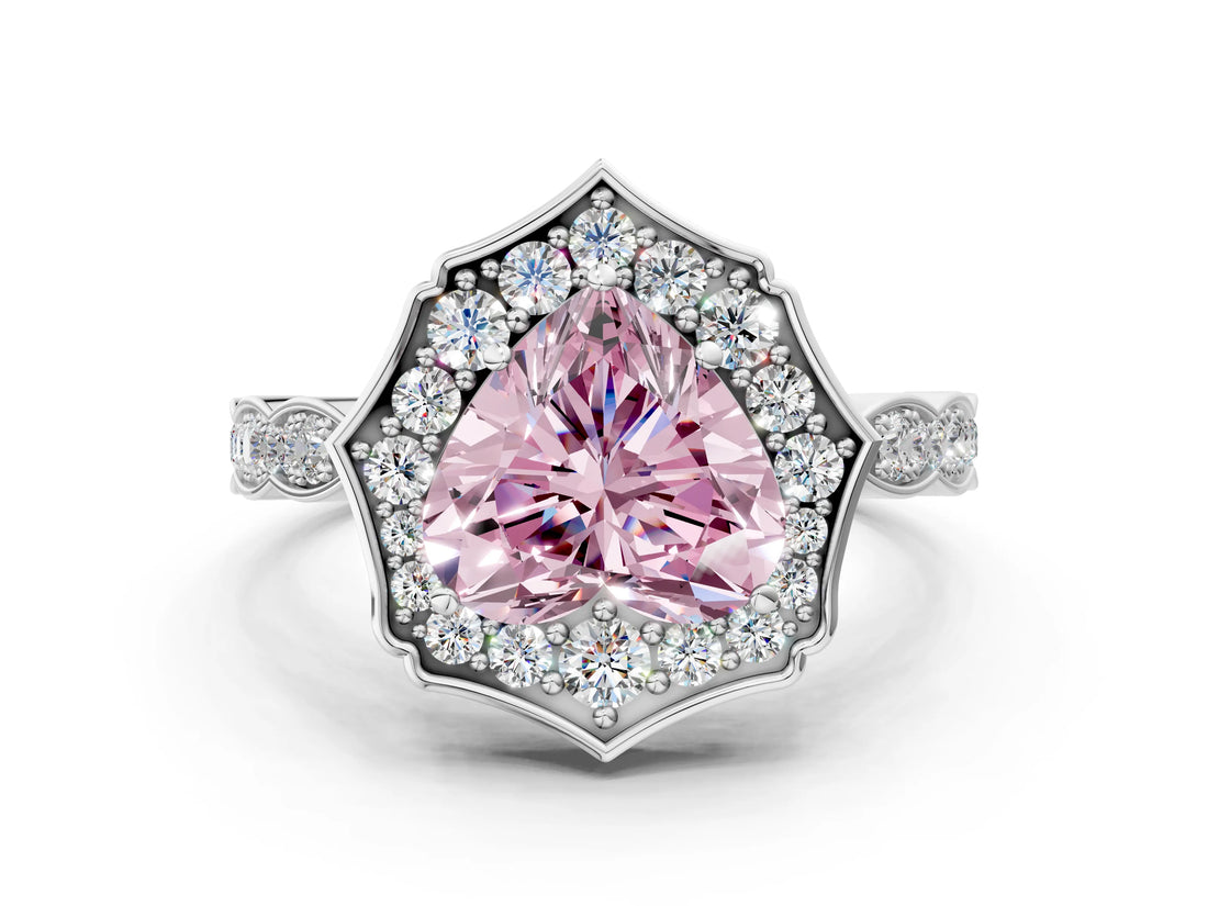 White gold Fancy Pink Heart  Halo Diamond Engagement Ring with Milgrain Band and Four-Prong Setting_49