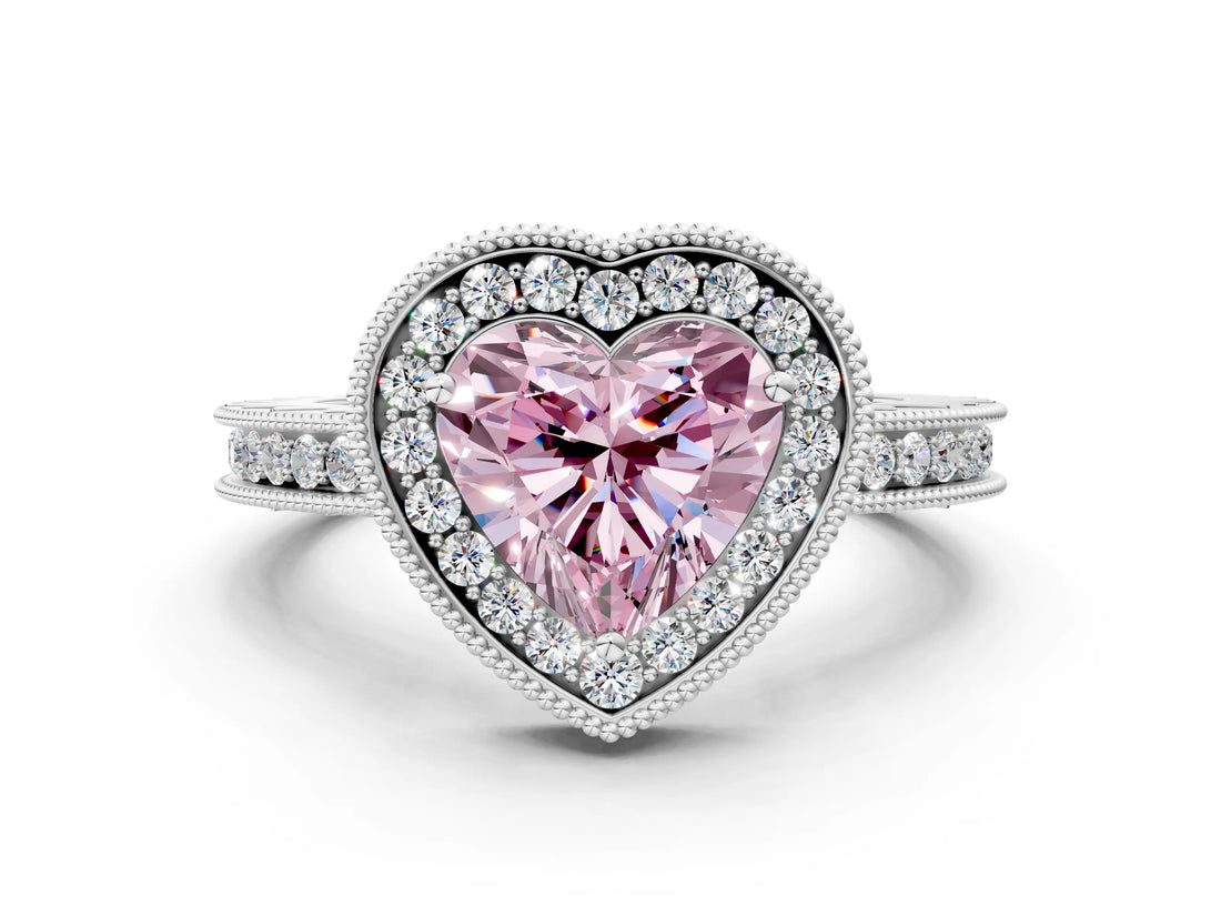 White gold Fancy Pink Heart  Halo Diamond Engagement Ring with Milgrain Pave Band and Four-Prong Setting_69