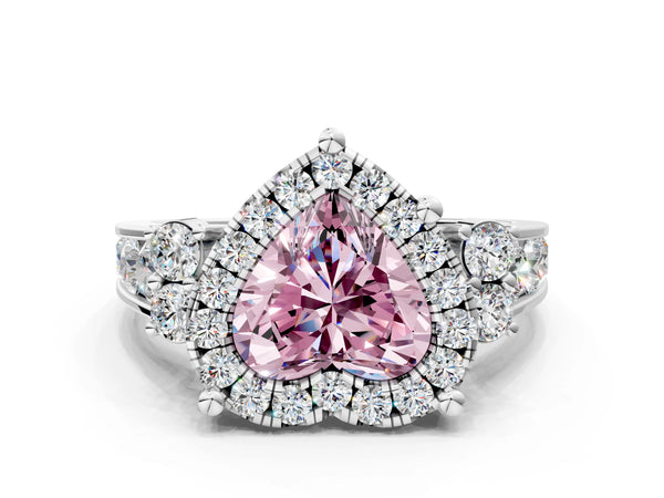 White gold Fancy Pink Heart  Halo Diamond Engagement Ring with Split Shank and Four-Prong Setting