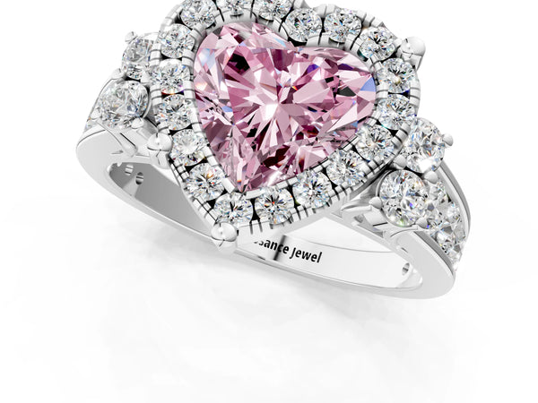 White gold Fancy Pink Heart  Halo Diamond Engagement Ring with Split Shank and Four-Prong Setting