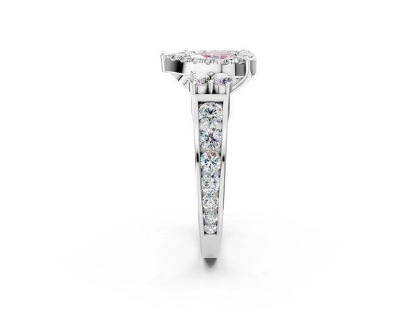 White gold Fancy Pink Heart  Halo Diamond Engagement Ring with Split Shank and Four-Prong Setting