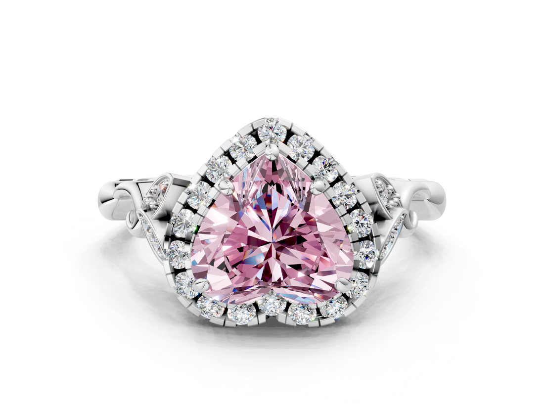 White gold Fancy Pink Heart  Halo Diamond Engagement Ring with Vintage-Inspired Band and Four-Prong Setting_3