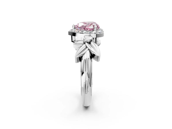 White gold Fancy Pink Heart  Halo Diamond Floral Band with Four-Prong Setting
