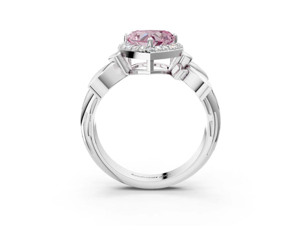 White gold Fancy Pink Heart  Halo Diamond Floral Band with Four-Prong Setting