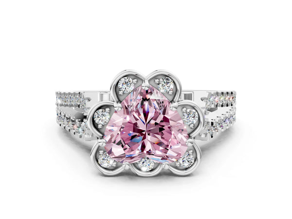 White gold Fancy Pink Heart  Halo Diamond Floral Split Shank Engagement Ring